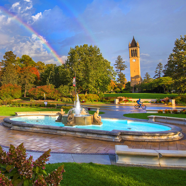 Memorial Union fountain with rainbow in background